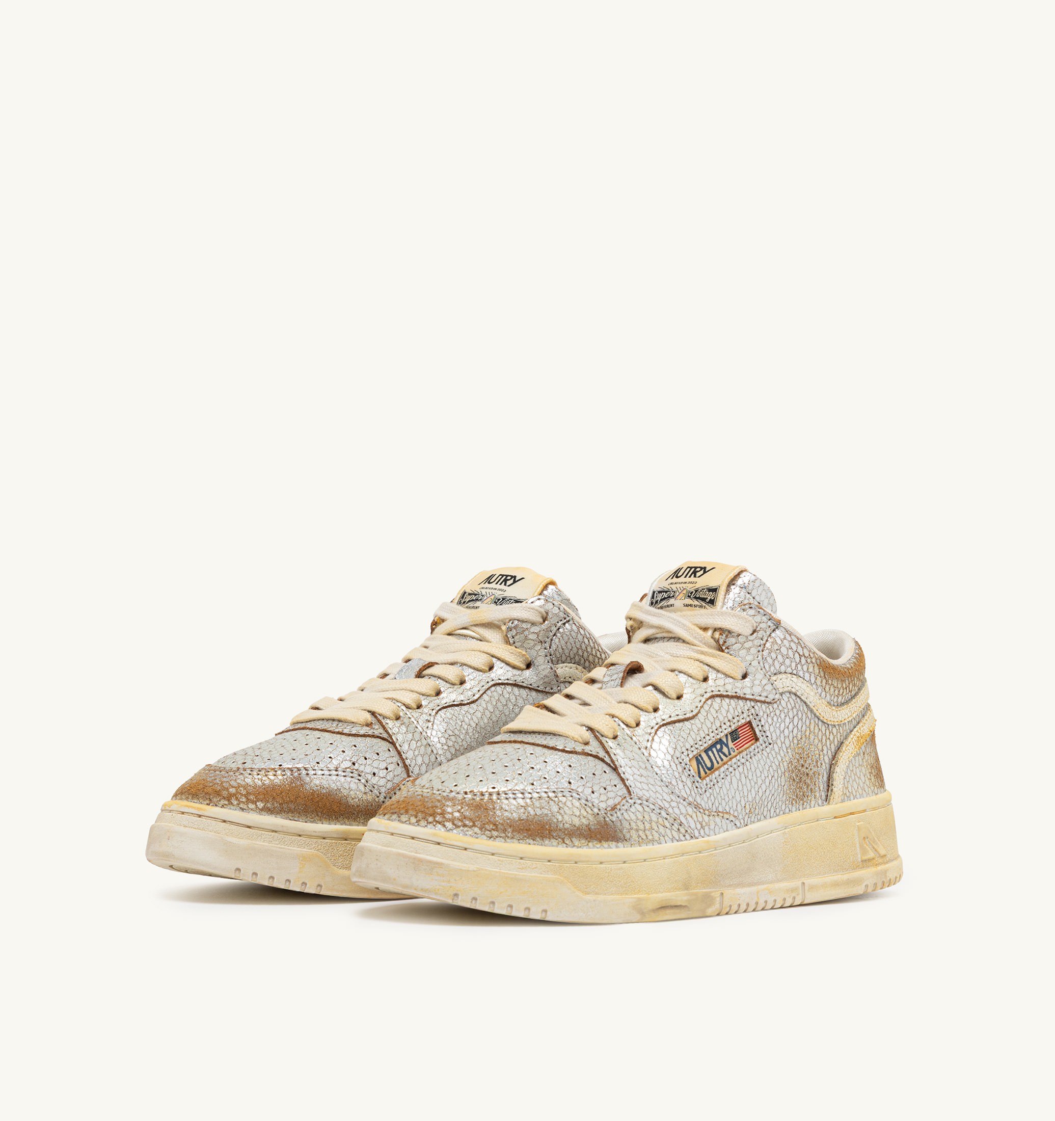 BASKETS MED-WAY SUPER VINTAGE EN CUIR 'PRINT SNAKE' SILVER ET MARSHMALLOW
