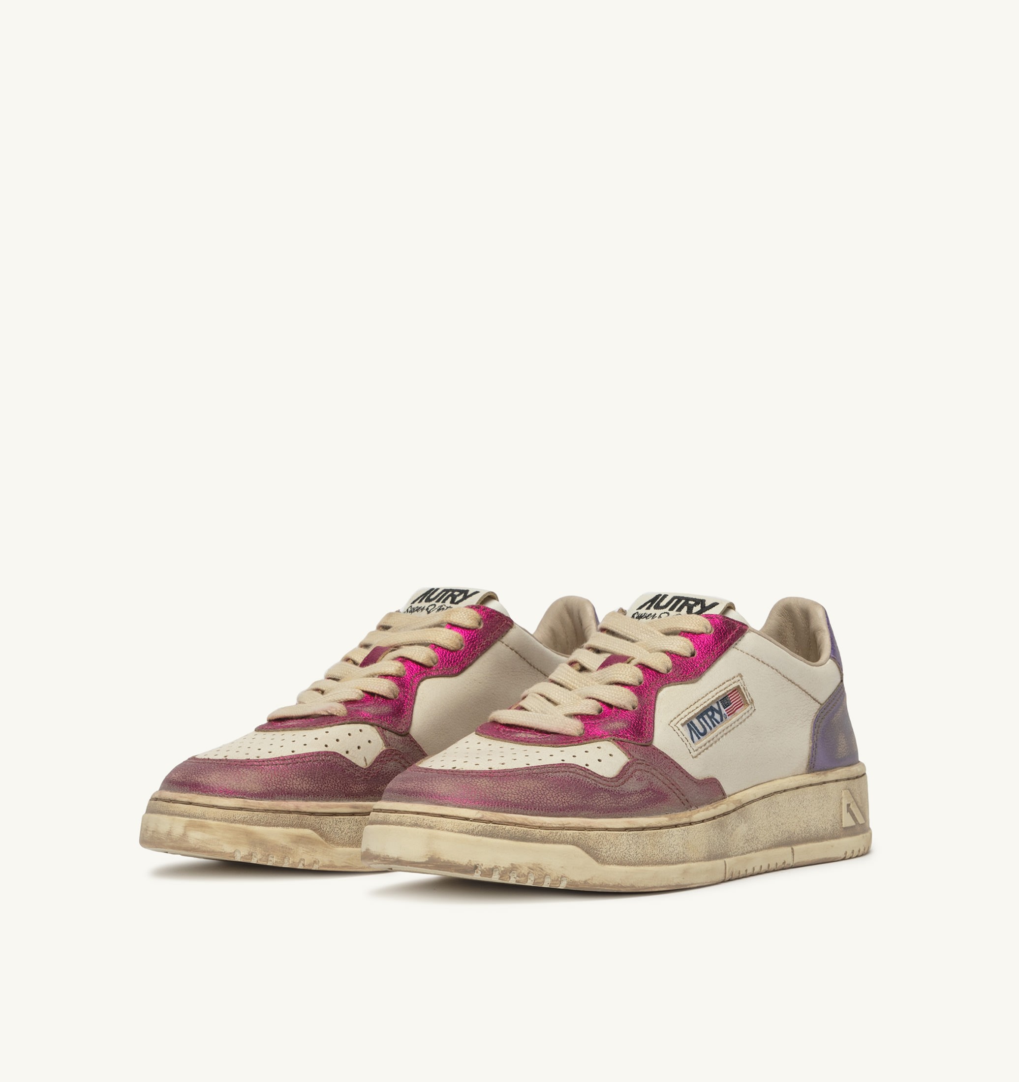 BASKETS MEDALIST LOW SUPER VINTAGE EN CUIR BLANC FUCHSIA ET VIOLET