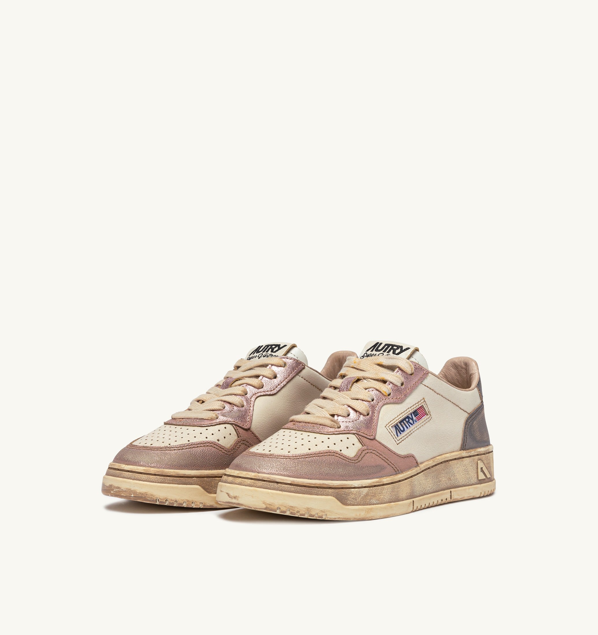 BASKETS MEDALIST LOW SUPER VINTAGE EN CUIR BLANC ROSE ET BLACKBOARD